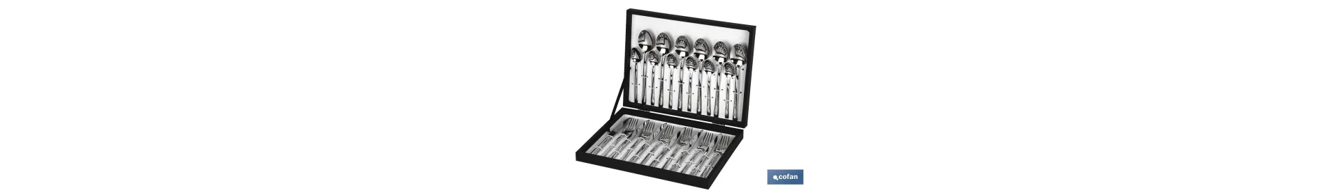 Cubertería | Modelo Bari | Fabricado en Acero Inox 18/0 | Juego de 24 pcs | Incluye estuche negro de madera
