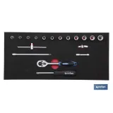 Módulo de espuma con herramientas | Para 1/3 cajón del carro de herramientas cofan | Carraca 1/4 y vasos 11 piezas