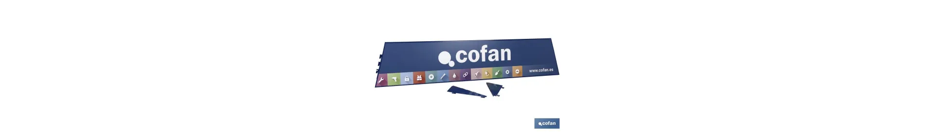 Cartela con logo Cofan expositor rincón