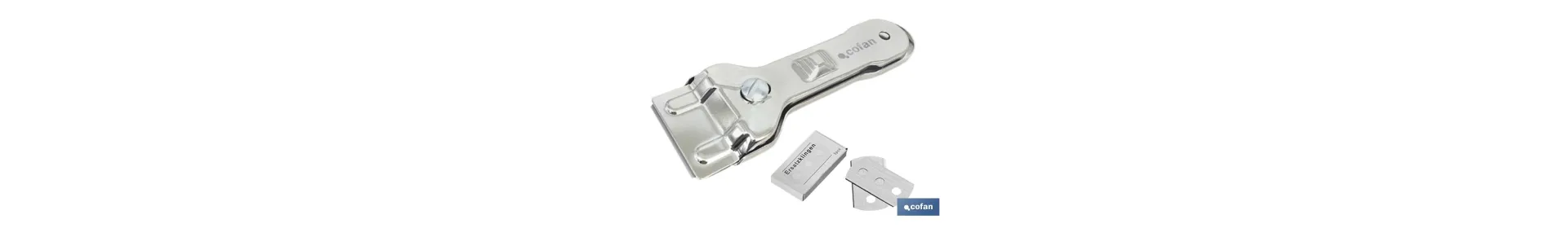 Rasqueta de Vitrocerámica Modelo Sena | Incluye 5 cuchillas | Acero Inox y Niquel | Medidas 13,5 x 4,5 cm