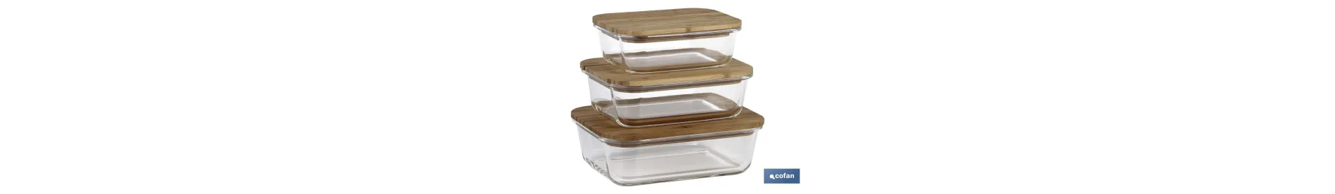 Set de 3 Fiambreras Rectangulares de Borosilicato | Modelo Bambú | Tapa de Bambú | Capacidad 640-1040-1520 ml