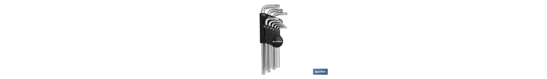 Juego de 9 llaves acodadas Torx | Versión larga | Contenido de medidas desde T-10 hasta T-50