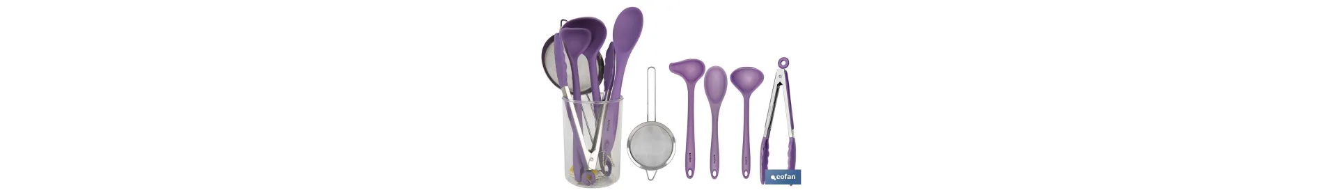 Set de 6 utensilios morados para cocina de la gama Vergini