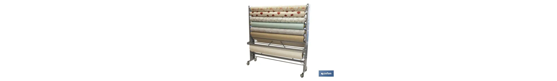 Expositor de hules y manteles horizontal | Material: metal y aluminio | Ruedas incluidas | Capacidad para 22 rollos | Medidas: 