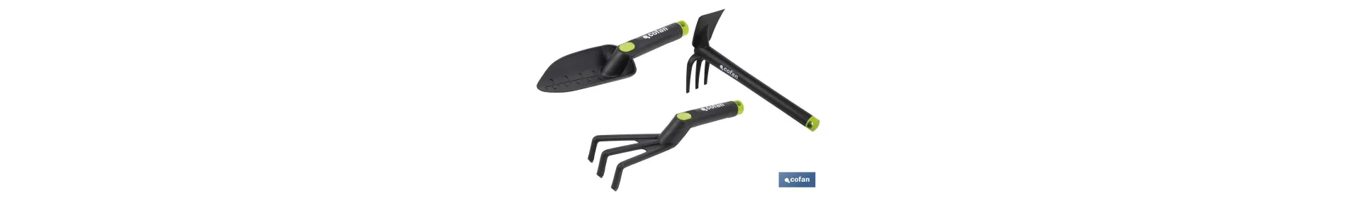 Set de 3 herramientas de jardinería | Incluye: trasplantador, rastrillo y azuela