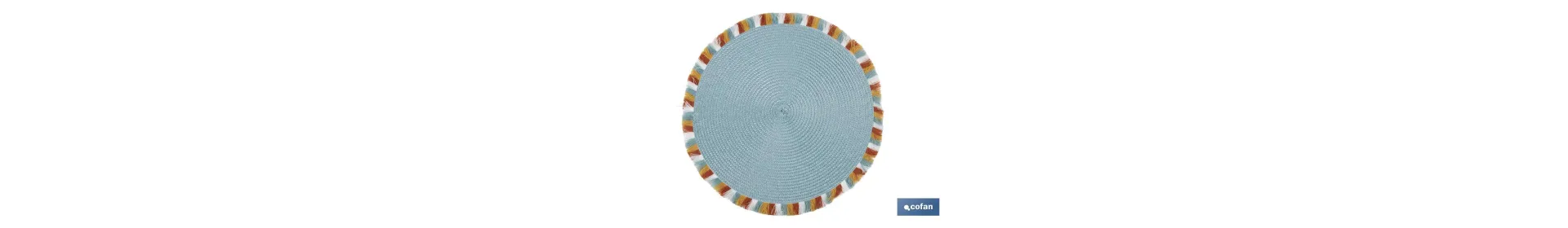 Bajoplatos redondos con flecos de colores | Color: azul | Salvamanteles individuales | Packs de 6 unidades | Diámetro: 38 cm