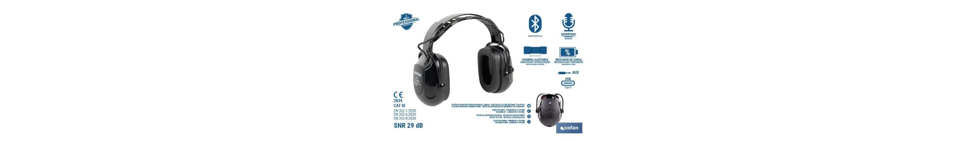 Cascos antirruido con Bluetooth | Reducción de sonido (SNR) 29 dB | Protección auditiva con micrófono y control de volumen
