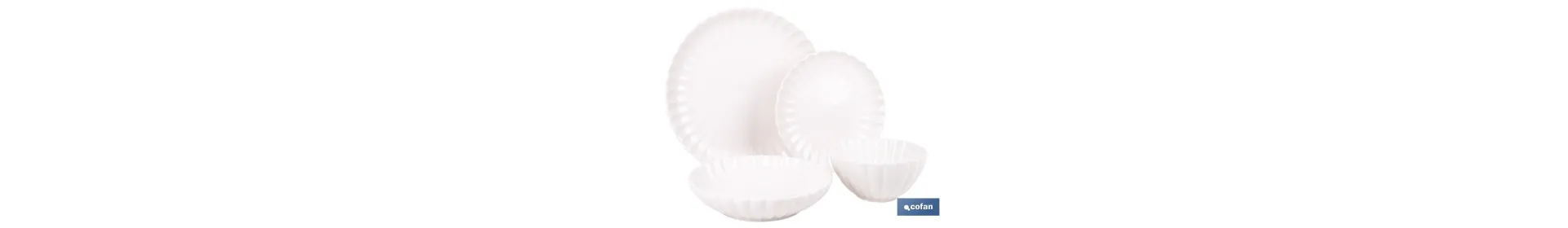Vajilla de porcelana esmaltada de color blanco con diseño en relieve | Set de 16 piezas | Apta para lavavajillas, microondas y 