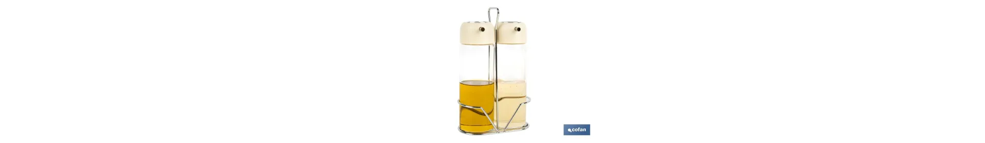 Set de aceitera y vinagrera | Frascos de vidrio borosilicato | Soporte incluido | Tapas de color beige | Juego de 2 piezas | Ca