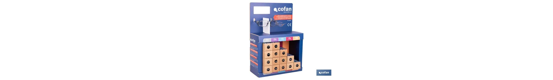 Expositor de gafas de seguridad | 20 gafas graduadas con diferentes dioptrías | Incluye 5 modelos | Medidas: 15 x 33 x 47 cm