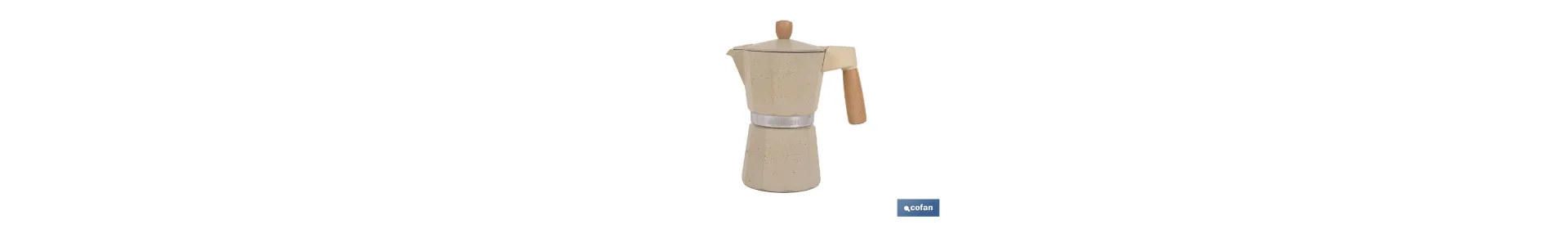 Cafetera italiana inducción | Capacidad: 6 tazas | Cuerpo de aluminio | Mangos de madera | Apta para todo tipo de fuegos | Disp
