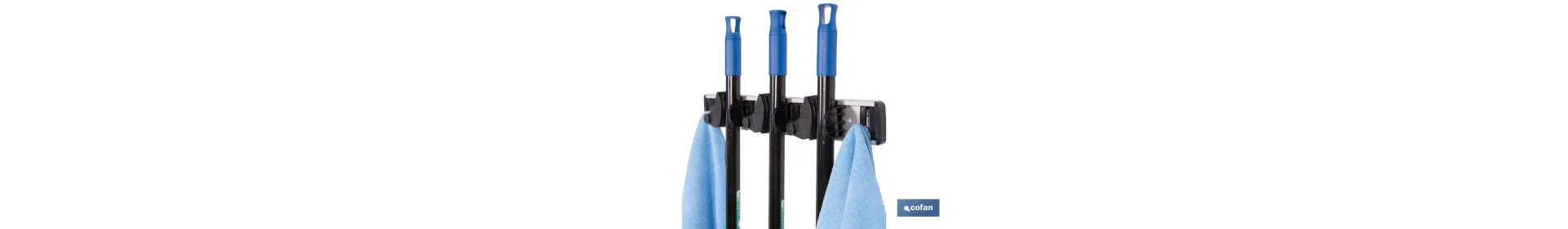 Colgador de escobas y fregonas con 3 soportes y 4 ganchos | Organizador de pared fuerte, práctico y ajustable