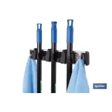 Colgador de escobas y fregonas con 3 soportes y 4 ganchos | Organizador de pared fuerte, práctico y ajustable
