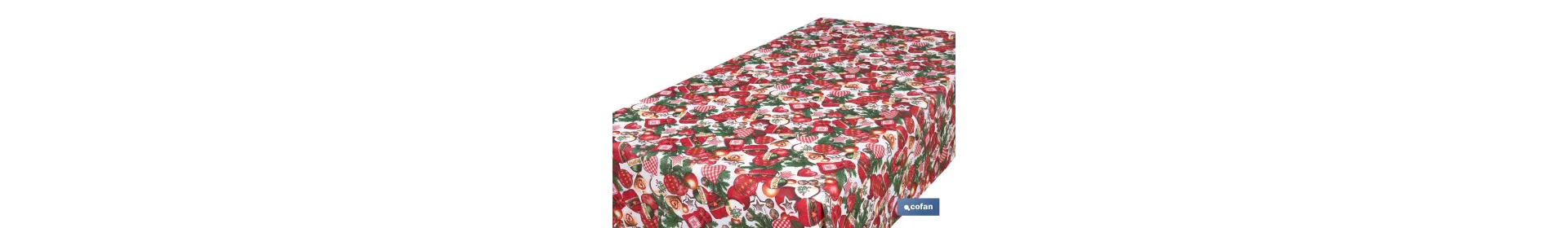 Rollo de mantel resinado antimanchas con adornos y ramas de abeto | Materiales: 75 % algodón y 25 % poliéster | Diseño navideño