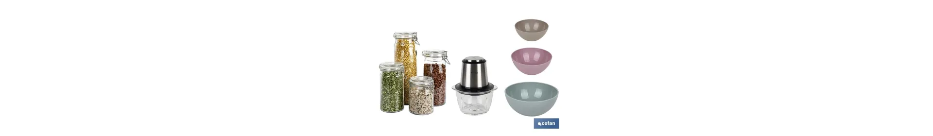 Pack de picadora eléctrica 400 W 1,2 l, 4 tarros herméticos de vidrio, 3 bols de cocina multiusos