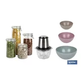 Pack de picadora eléctrica 400 W 1,2 l, 4 tarros herméticos de vidrio, 3 bols de cocina multiusos