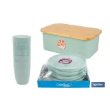 Pack de panera con tapa de bambú, 6 vasos de agua de 400 ml, 6 platos redondos | Disponible en color verde agua y beige