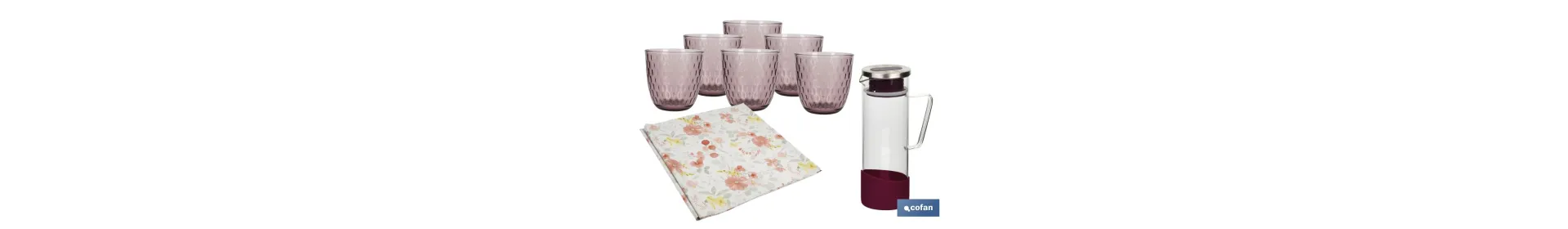 Pack de jarra de vidrio borosilicato, 6 vasos de vidrio y hule antimanchas | Disponible en diferentes colores y diseños