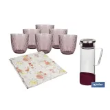 Pack de jarra de vidrio borosilicato, 6 vasos de vidrio y hule antimanchas | Disponible en diferentes colores y diseños