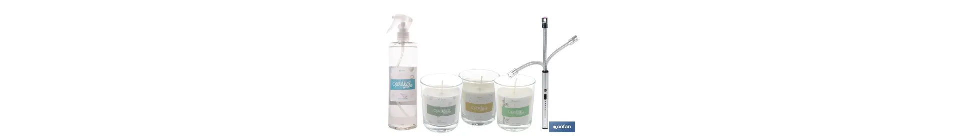 Pack de 3 velas aromáticas, encendedor eléctrico y bruma textil | Velas con aromas a cedro, bambú y lino