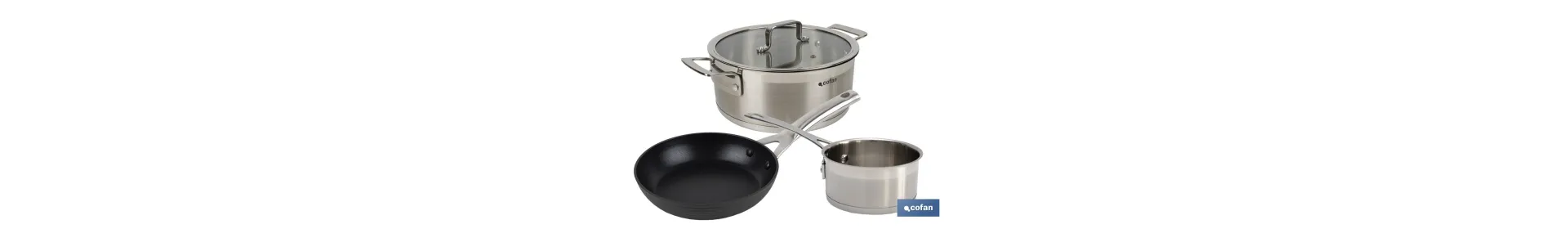 Pack de cacerola (4,3 litros) con tapa y cazo (1 litro) de acero inoxidable, sartén de inducción Ø20 cm