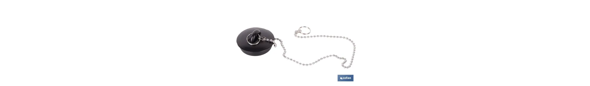 Tapón de drenaje con cadena y dos anillas | Tapón de PVC negro y cadena de acero inox. | Disponible en varias medidas