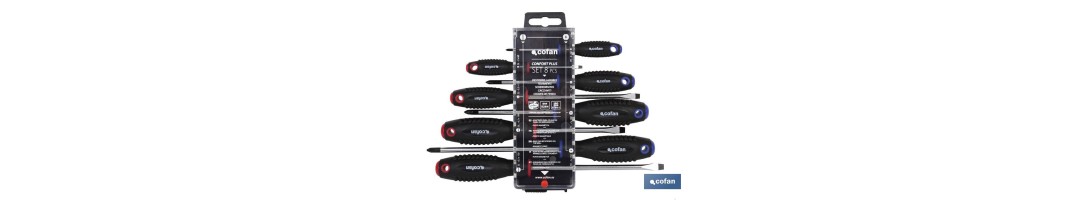 Juego de 4 destornilladores planos y 4 destornilladores Phillips | Modelo Comfort plus | En estuche especial con colgador