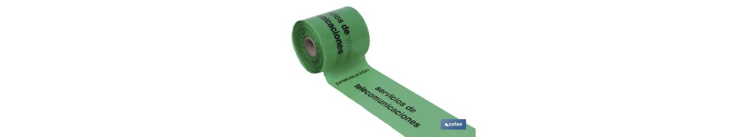 Cinta de balizamiento no adhesiva | Color verde | Texto Precaución Servicio de Telecomunicaciones | Medida: 150 mm | Longitud: 