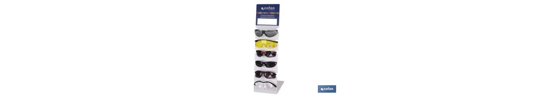 Expositor de gafas anti impacto | Incluye pack de 72 gafas de seguridad | Organizador de Gafas para una presentación adecuada
