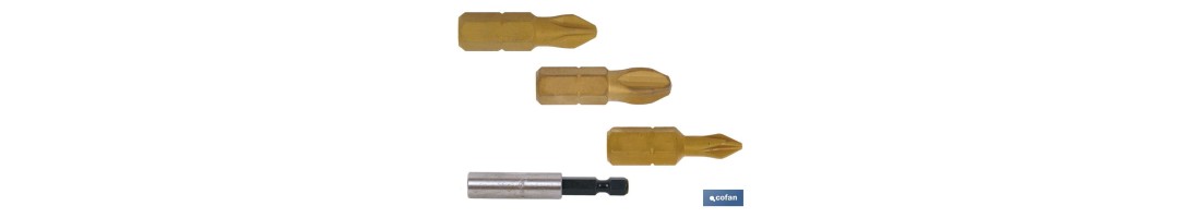 Kit de puntas de Titanio para atornillar y adaptador | Contenido 3 puntas Phillips y un adaptador | Modelo 1/4 PH