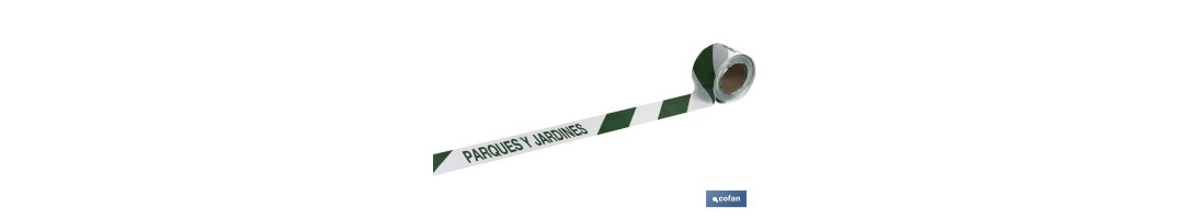 Cinta de balizamiento no adhesiva | Color: verde y  blanco | Texto: PARQUES Y JARDINES | Medida: 80 mm x 100 m | Galga 300