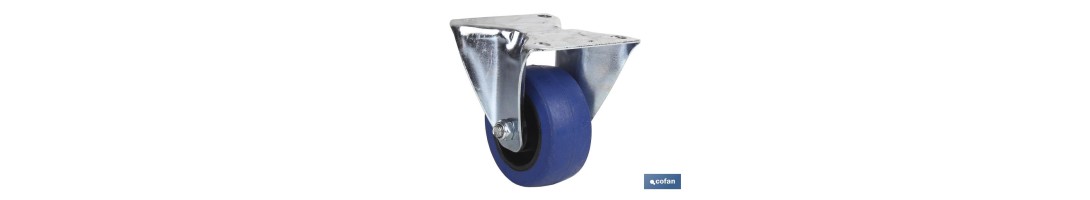 Rueda de goma azul fija | Con cojinete de rodillo | Para pesos de hasta 150 kg y diámetros de 80, 100 y 125 mm