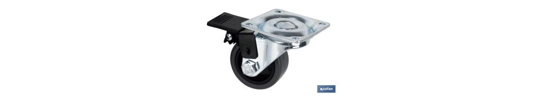 Rueda de goma gris con placa giratoria y freno | Diámetros desde 50 mm hasta 75 mm | Para pesos desde 36 kg hasta 45 kg
