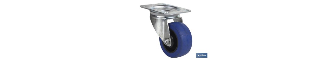 Rueda de goma azul y placa giratoria | Con cojinete de rodillo | Para pesos de hasta 150 kg y diámetros de 80, 100 y 125 mm