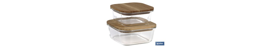 Set de 2 Fiambreras Cuadradas de Borosilicato | Modelo Bambú | Tapa de Bambú | Capacidad 520-800 ml