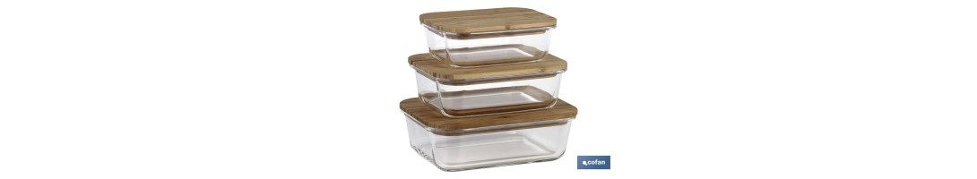 Set de 3 Fiambreras Rectangulares de Borosilicato | Modelo Bambú | Tapa de Bambú | Capacidad 640-1040-1520 ml