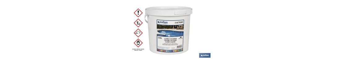 Cloro 5 Acciones para piscinas | Tabletas de 200 gramos | Envases de 5 kilos