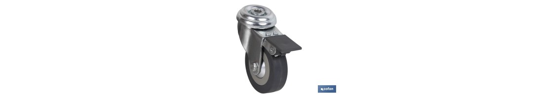 Rueda de goma gris para tornillo pasante y con freno | Diámetros desde 30mm hasta 75 mm | Para pesos desde 25 kg hasta 45 kg