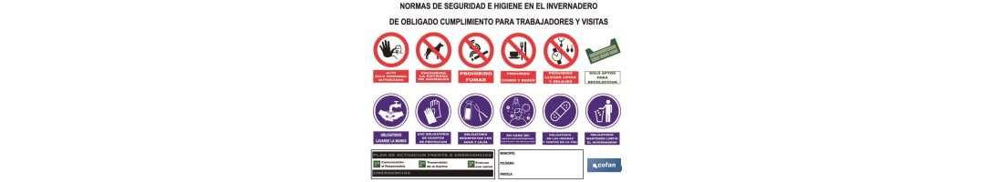 Cartel Multiseñal | Normas de seguridad e higiene para invernaderos | Medida 1000 x 700 mm