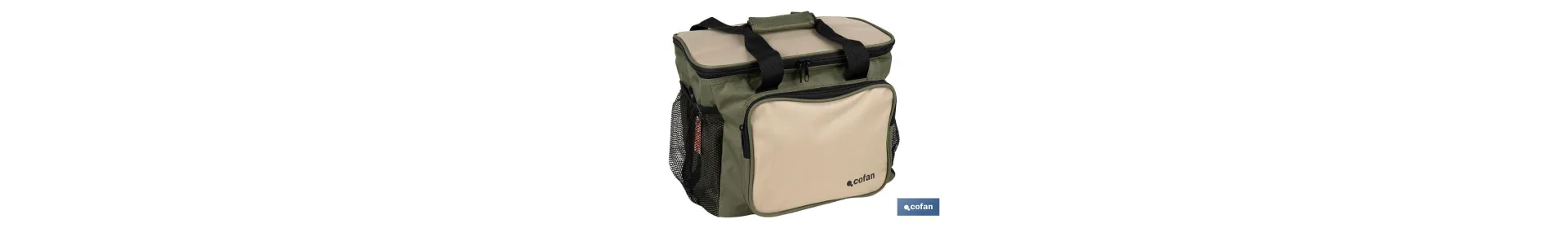 Nevera portátil porta alimentos | Bolsa isotérmica con correa ajustable | Color: verde y beige | Medidas: 35 x 25 x 27,5 cm