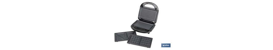 Sandwichera multiusos | Placas intercambiables para grill, gofres y sándwiches | Revestimiento antiadherente | Potencia: 750 W