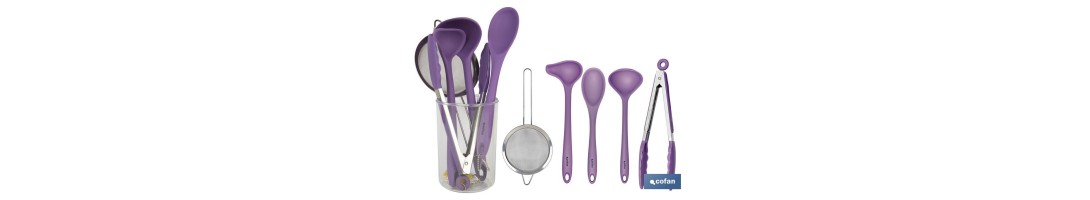 Set de 6 utensilios morados para cocina de la gama Vergini