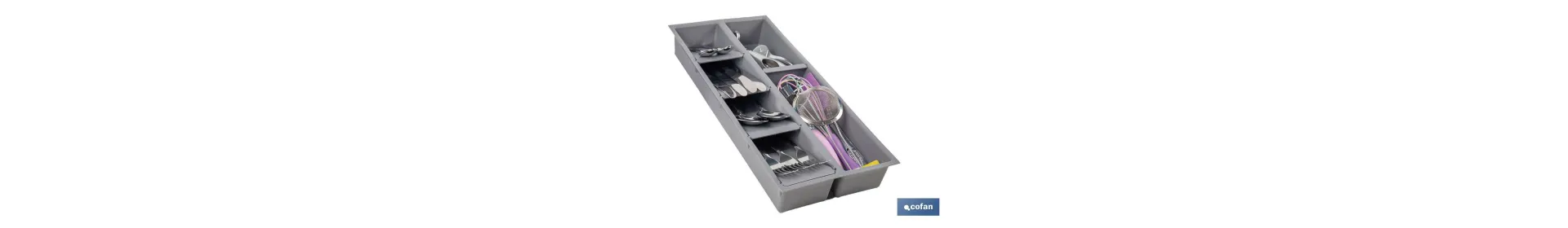 Organizador de cubiertos con separadores para cajón | Cubertero con 7 compartimentos y separadores modulares | Color: gris | Ma