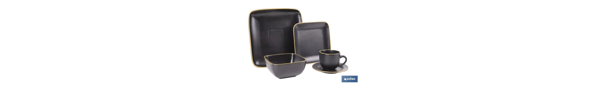 Vajilla de cerámica cuadrada en color negro con borde vintage | Set de 20 piezas | Apta para lavavajillas, microondas y horno