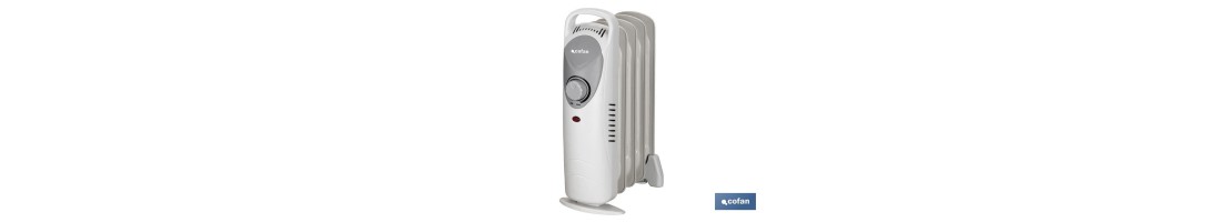 Mini radiador de aceite | Potencia: 450 W | Termostato regulable | Seguridad antiincendios | Color: blanco | Medidas: 26 x 13 x