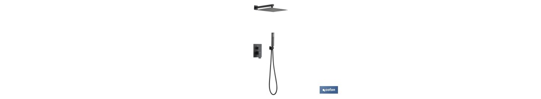 Conjunto de ducha empotrada en color negro | Ducha monomando 2 vías | Instalación en la pared | Diseño cuadrado | Rociador con 