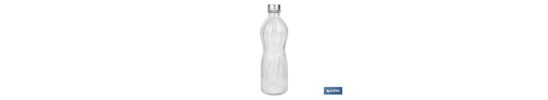 Botella de vidrio transparente con tapón de acero inoxidable | Capacidad: 1 litro