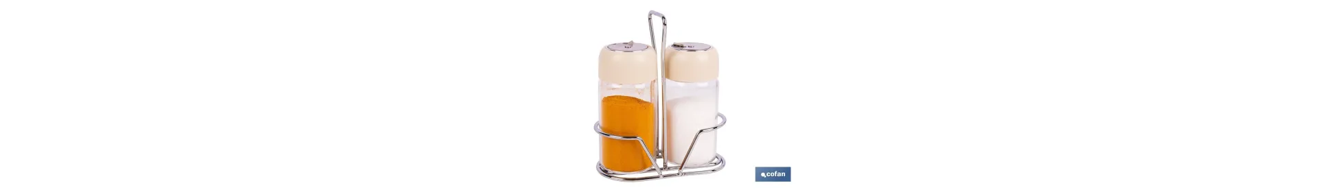 Set de salero y pimentero | Frascos de vidrio borosilicato | Soporte incluido | Tapas de color beige | Juego de 2 piezas | Capa